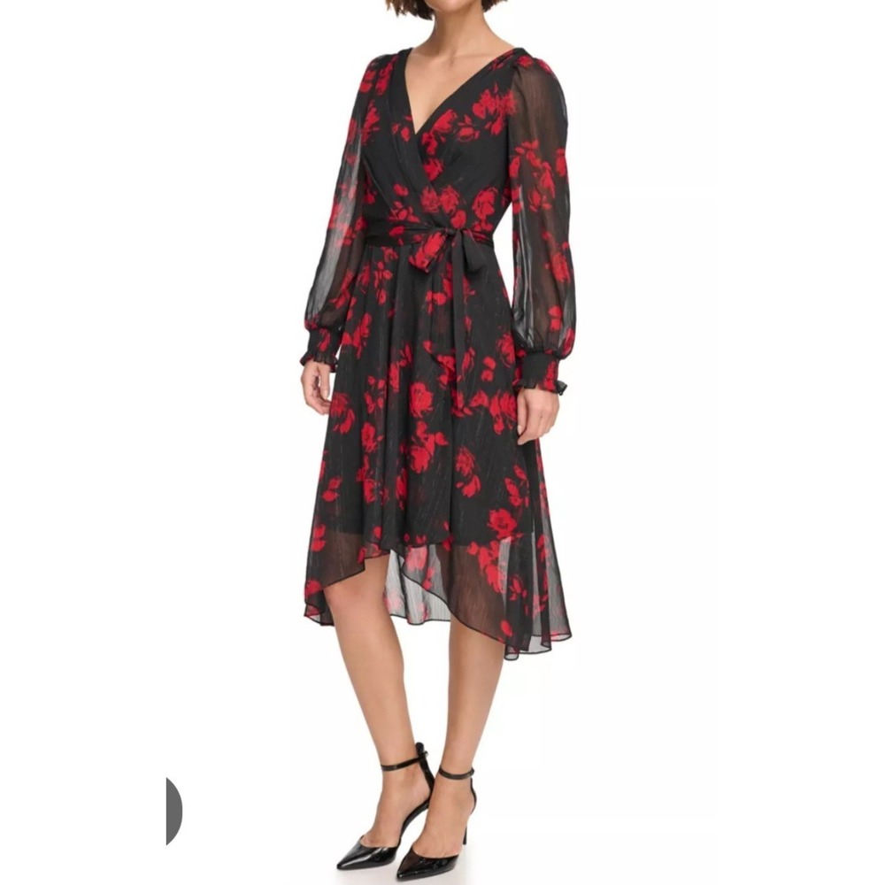 DKNY Black Red Floral Chiffon Wrap Dress V Neck Puff Sleeve Sz 6 Dark Romantic